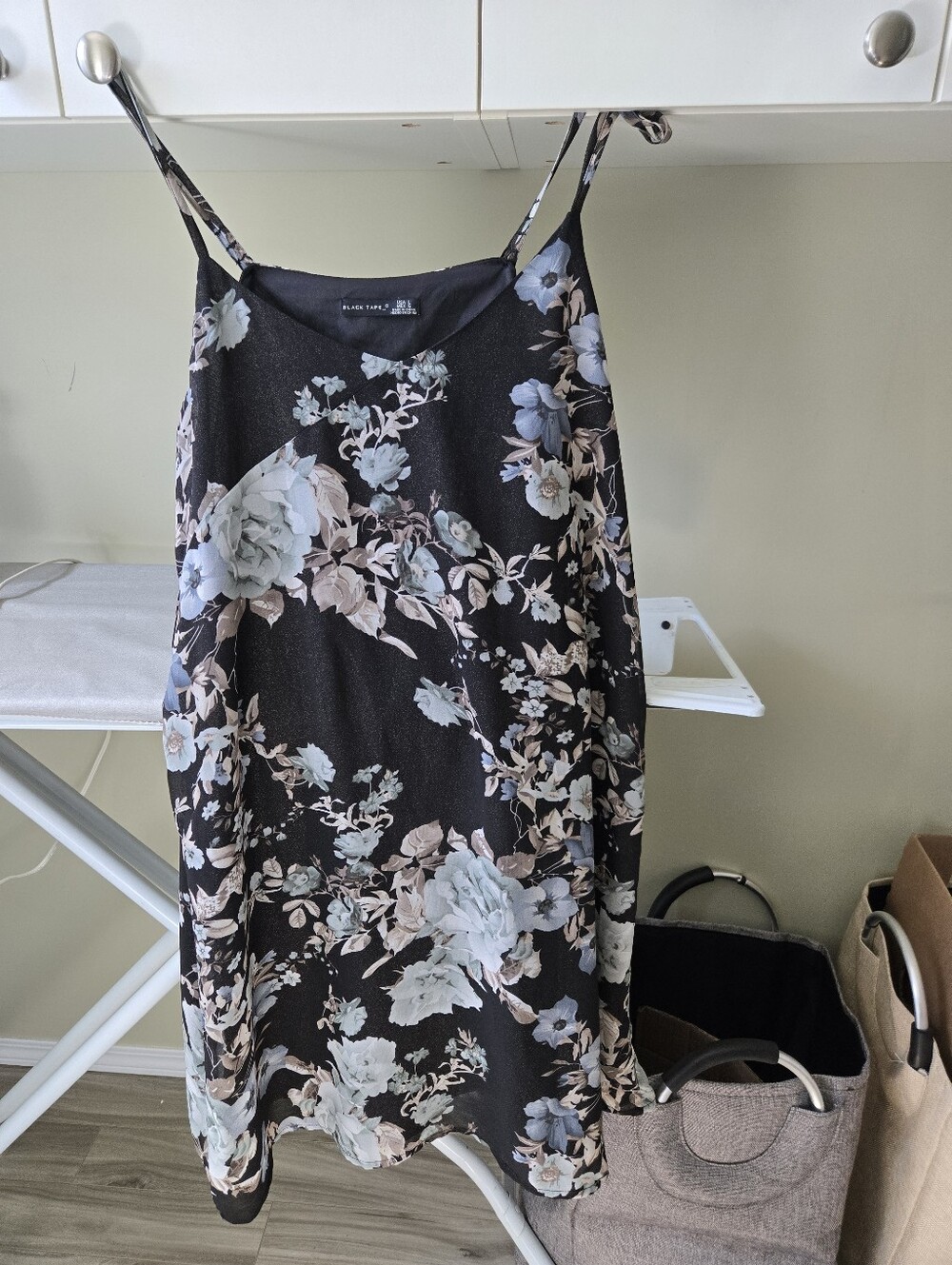 Black Tape_ Black Floral Slip Dress with Light Blue and Cream Blooms